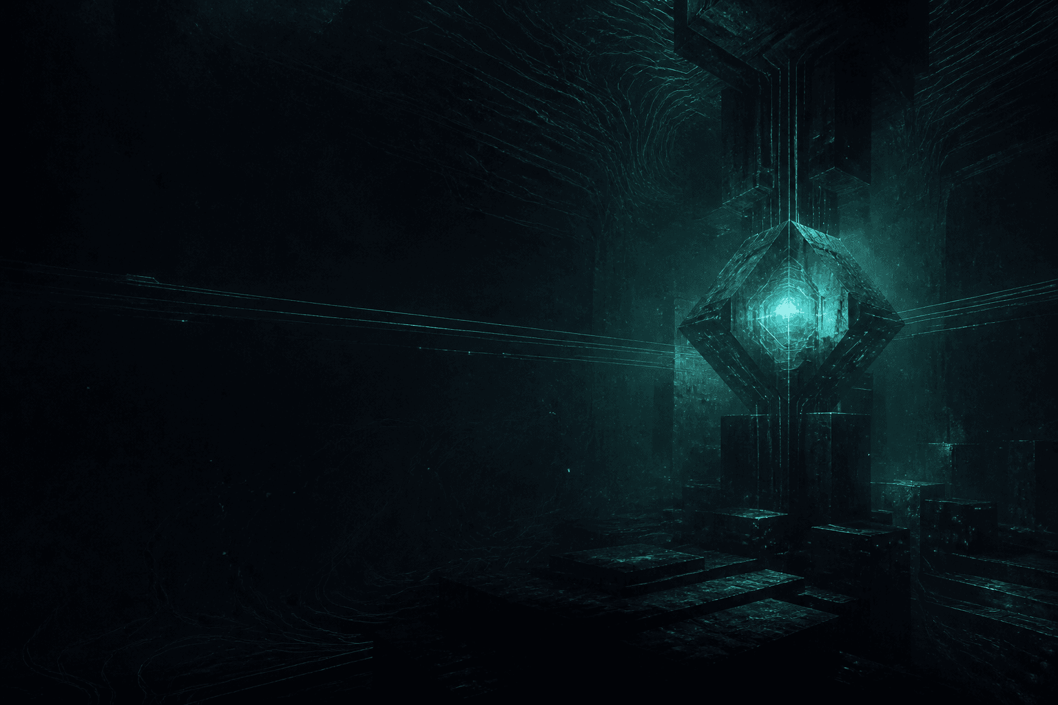 A suspended geometric node glows inside a monumental dark chamber.