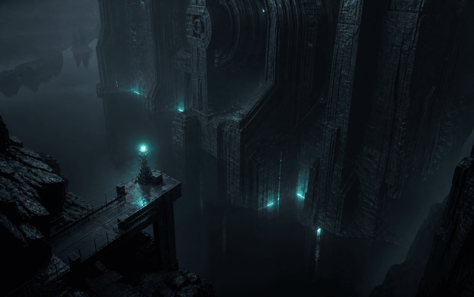 A sea-green beacon illuminates a flooded monolithic excavation.