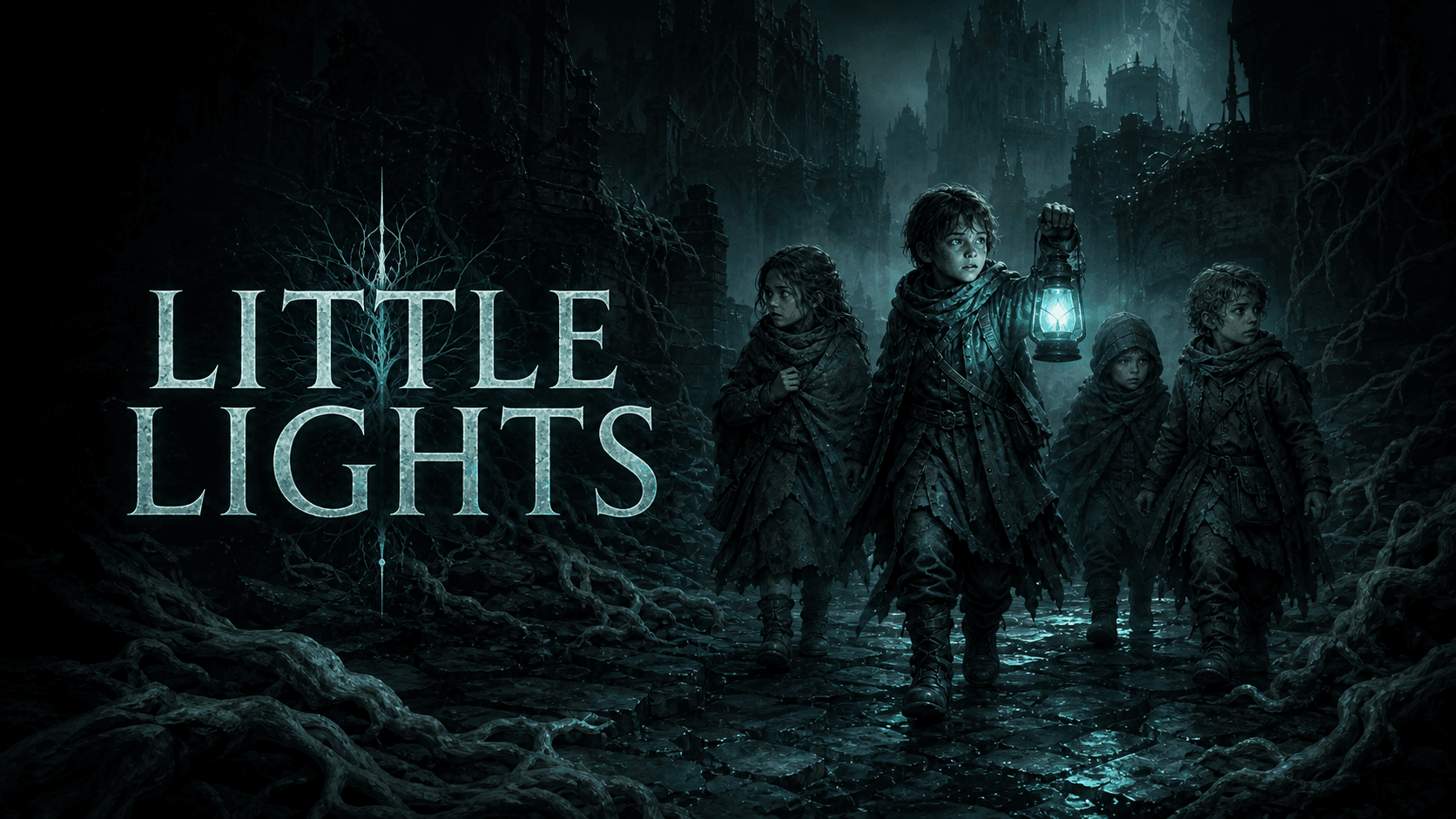 Little Lights capsule artwork showing four children crossing a ruined, root-overrun city by teal lantern light.