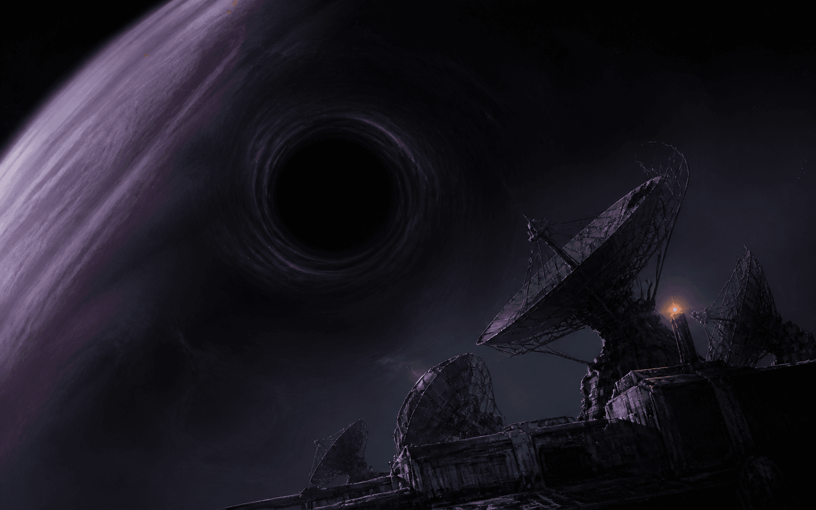 An orbital listening array faces a perfectly dark anomaly beside a violet gas giant.