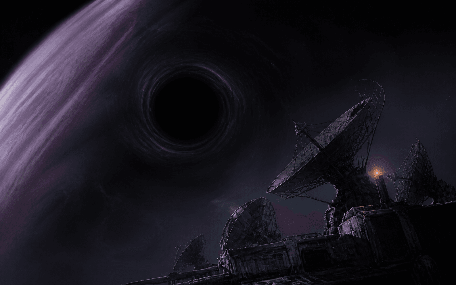 A fractured orbital listening station faces a black anomaly near a violet planet.